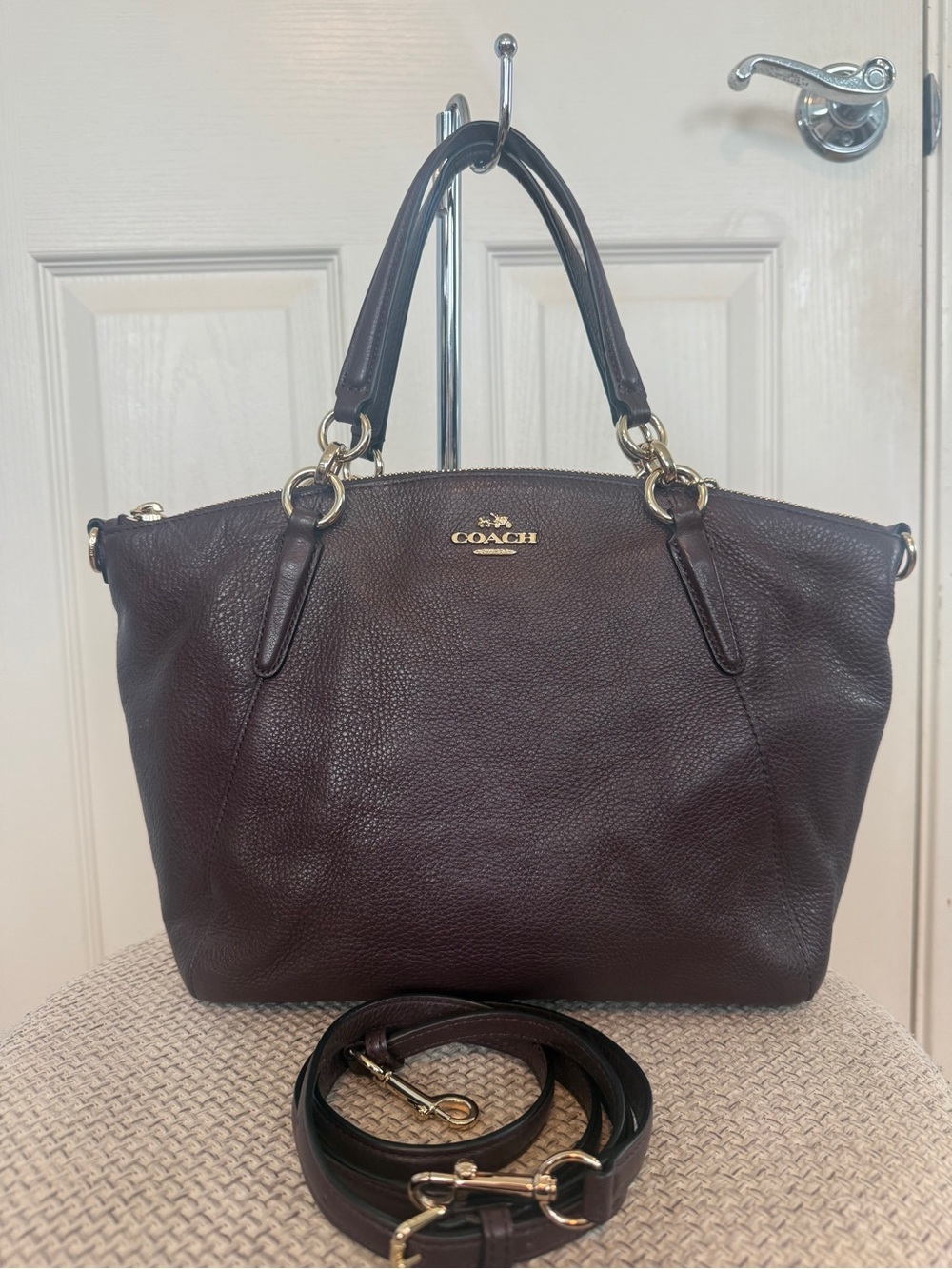 Coach Dark Brown Pebbled Leather Crossbody Tote with Gold Hardware
